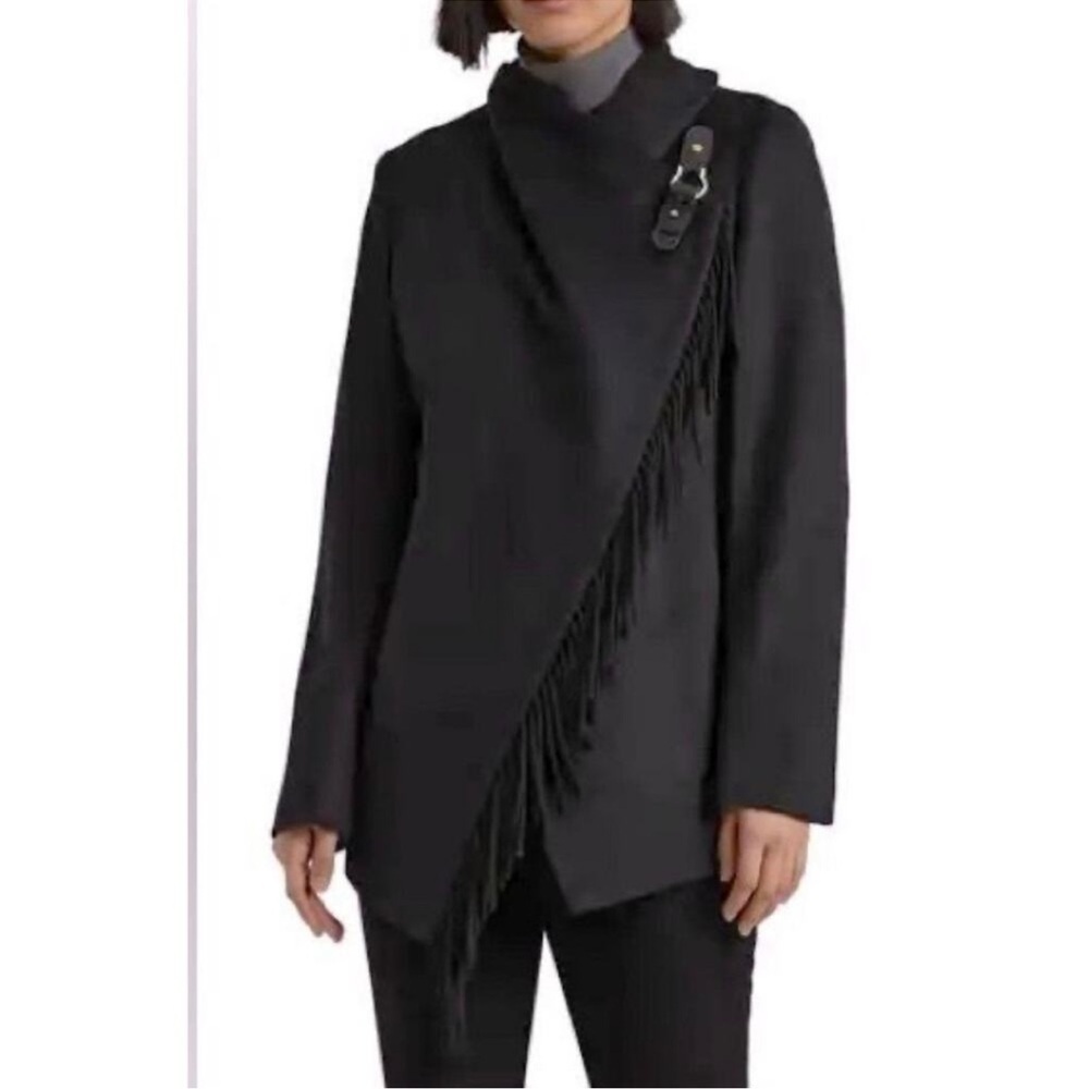 New! Ralph Lauren Fringe Buckle Wrap Black Coat Plus Size 14